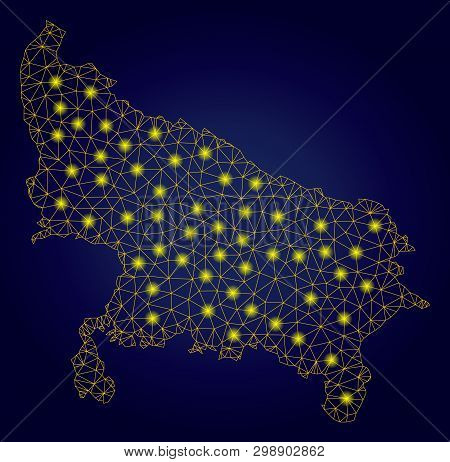Yellow Mesh Vector Uttar Pradesh State Map With Glare Effect On A Dark Blue Gradiented Background. A