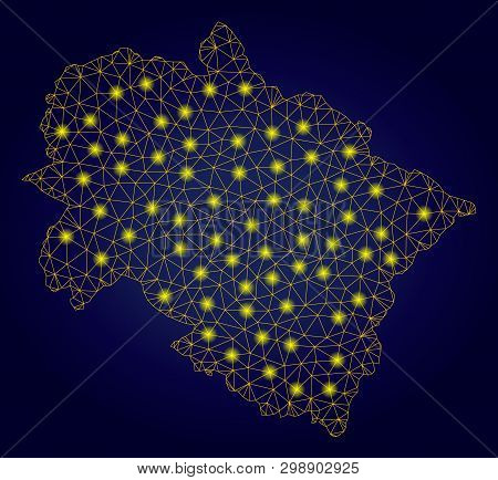 Yellow Mesh Vector Uttarakhand State Map With Glare Effect On A Dark Blue Gradiented Background. Abs