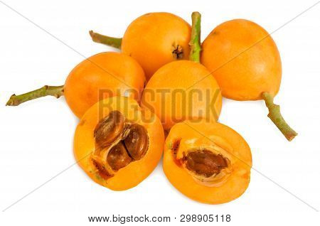 Close-up View Of Some Fresh And Juicy Loquats (eriobotrya Japonica) Isolated On  White Background. H