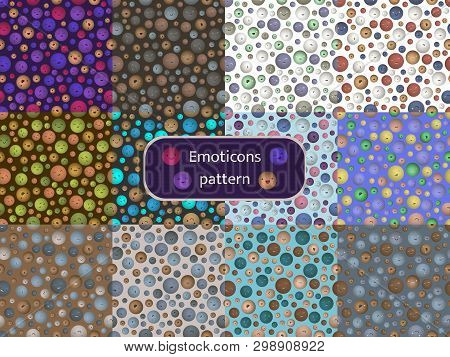 Set Of Seamless Patterns With The Image Of Emoticons. In Different Color Options. Suitable For Poste