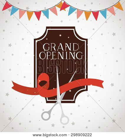 Grand Opening Frame With Scissorscuting Ribbon And Garlands Vector Illustration