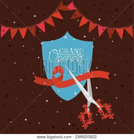 Grand Opening Frame With Scissorscuting Ribbon And Garlands Vector Illustration