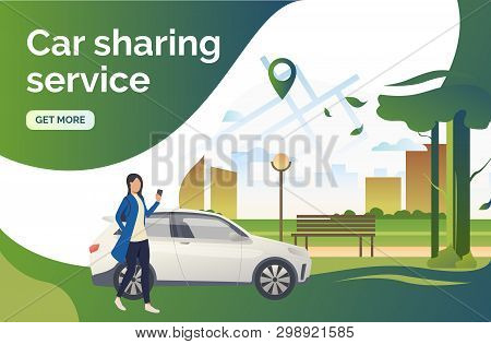 Car Sharing Service Lettering, Car, Woman, City Park, Pointer On Map. Transport, Vehicle Concept. Pr