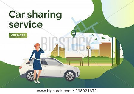 Car Sharing Service Lettering, Woman, Car, City Park. Transport, Vehicle Concept. Presentation Slide