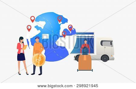Earth Globe With Pointers, Truck And Person With Big Coin. Transportation, Vehicle, Freight Concept.