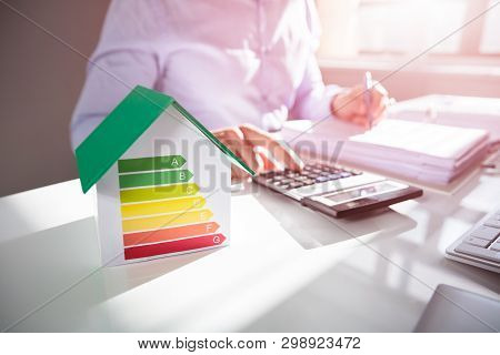 Businessman Calculating Cost Of Energy Efficient House
