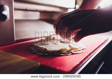 Chef Making Dough Pastry Sheeter Bakery Baker Forming Shaping Dough Rolled Pastry Metal Work Table C