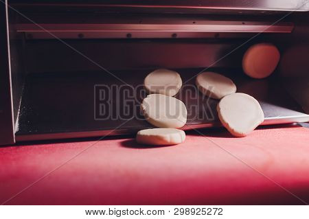 Chef Making Dough Pastry Sheeter Bakery Baker Forming Shaping Dough Rolled Pastry Metal Work Table C