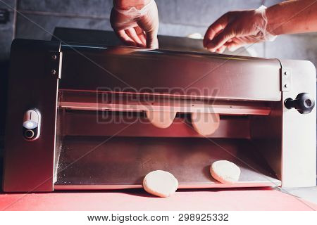 Chef Making Dough Pastry Sheeter Bakery Baker Forming Shaping Dough Rolled Pastry Metal Work Table C