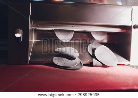 Chef Making Dough Pastry Sheeter Bakery Baker Forming Shaping Dough Rolled Pastry Metal Work Table C