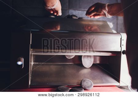 Chef Making Dough Pastry Sheeter Bakery Baker Forming Shaping Dough Rolled Pastry Metal Work Table C