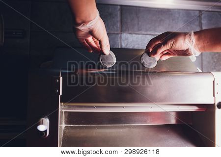 Chef Making Dough Pastry Sheeter Bakery Baker Forming Shaping Dough Rolled Pastry Metal Work Table C