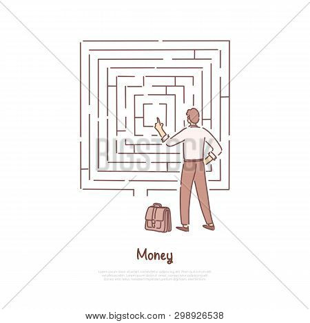 Office Worker Analysing Maze, Businessman With Suitcase Making Difficult Decision, Financial Literac