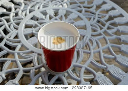 Beautiful Red Paper Cup With Latte In Spring