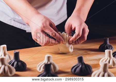 National Georgian Cuisine Khinkali Metal Background Cook Prepares Khinkali Kitchen Top View Raw Meat