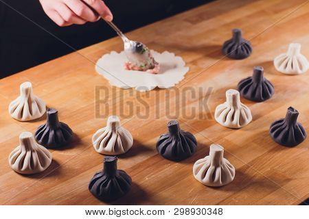 National Georgian Cuisine Khinkali Metal Background Cook Prepares Khinkali Kitchen Top View Raw Meat