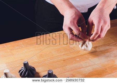 National Georgian Cuisine Khinkali Metal Background Cook Prepares Khinkali Kitchen Top View Raw Meat