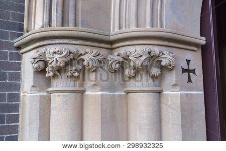 Armidale, Australia - April 10, 2019: Architectural Detail On The Columns Of The Portal Of Saints Ma