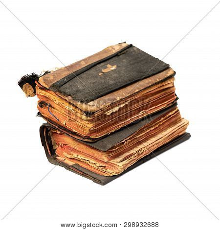 Two Ancient Prayer Books, Angle Wise, Set. Objects Isolated On White Background With Clipping Path