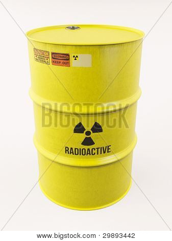 Barril amarillo con materiales radiactivos, señales de advertencia especial, render 3d
