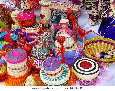 Various Wicker Souvenirs - Baskets, Dolls, Bottles, Vases,  More - Made From Toquilla Straw, Vegetab
