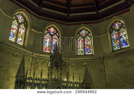 Armidale, Australia - April 10, 2019: Detail Of The Colourful Stained Glass Windows In The Main Chap
