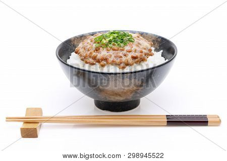 Japanese Cooked White Rice With Natto On White Background
