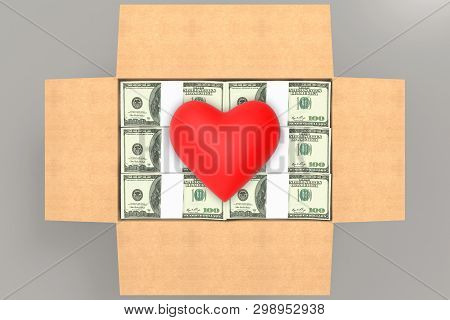 3d Rendering. Top View Of Red Heart On Us 100 Dollar Banknote Stacks In Opened Paper Borwn Box. Love