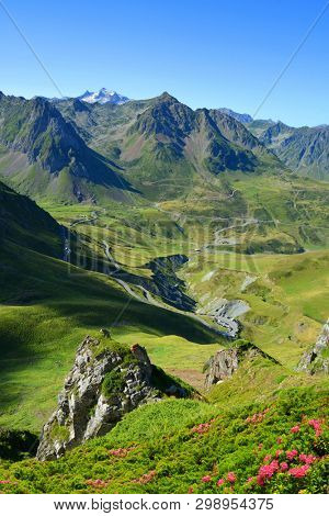 View of the mountain road. Col du Tourmalet in Pyrenees mountains. France
