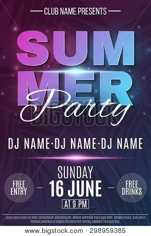 Poster For Summer Party. Abstract Glowing Neon Text Banner With Flying Luminous Particles. Dark Back