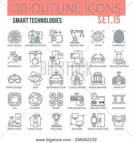 Set Of Modern Outline Icons Of Wearable Technology, Smart Technology And Other Modern Technologies.