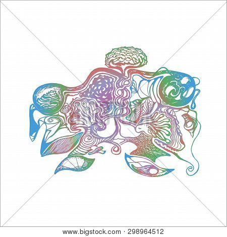 A Drawing With Two Souls That Tripe In One Another. Cosmos, Lotus, Ghosts. Psychedelic Illustration.