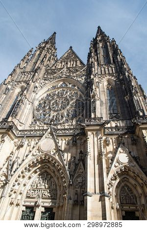 Detail Of Katedrala Sv. Vita Ccathedral On Prazsky Hrad In Praha City In Czech Republic With Blue Sk