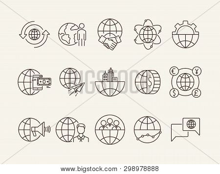 Intercontinental Business Line Icon Set. Partnership, Gear, Mobile Payment, World. Business Concept.