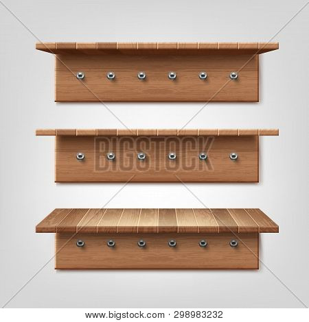 Vector Realistic Set Of Wooden Shelf With Clothes Hanger Hooks Isolated On Wall Background