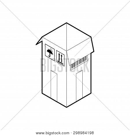 Outline Box Icon. Empty Cardboard Corrugated Box With 2 Top Flaps Open. Isometric Vector Isolated On