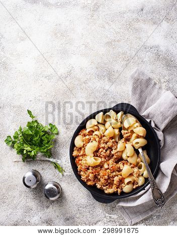 Pasta Bolognese With Meat Sauce. Tradidtional Italian Dish