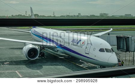 Manila, Philippines - Dec 4, 2018. An Ana Boeing 787-9 Dreamliner Docking At Manila Ninoy Aquino Int