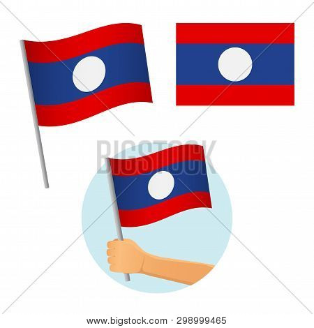 Laos Flag In Hand. Patriotic Background. National Flag Of Laos Vector Illustration