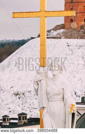 Vilnius Lithuania. Close Pediment Of Cathedral Basilica Of St. Stanislaus, St. Vladislav With Statue