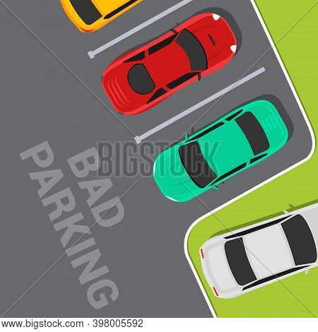 Bad Parking Car Top View. Wrong Parking Area Traffic Road Rules, Flat Vector Car