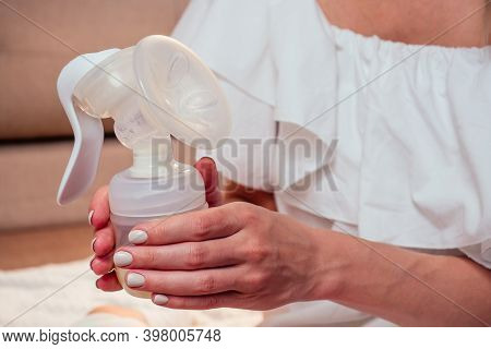 Manual Breast Pump, Mothers Breast Milk Giving Healthy Food For Newborn Baby