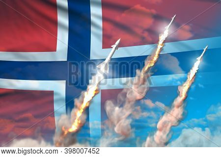 Norway Supersonic Missile Launch - Modern Strategic Nuclear Rocket Weapons Concept On Blue Sky Backg