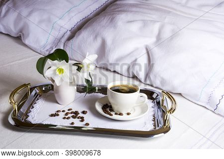 Morning Coffee In Bed On Elegant Silver Tray. Cup Of Coffee On Exquisite Embroidered Napkin As Best 