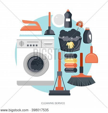 Equipment Cleaning Service Concept. Poster Template For House Cleaning Services With Various Tools. 