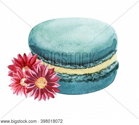Watercolor Image Of Blue Macaroon Decorated With Bright Pink Daisy Flowers Isolated On White Backgro