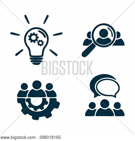 Teamwork Icon Set. Human Resource Icon. People Talking Icon.idea Icon - Lamp Bulb And Gear. Search F