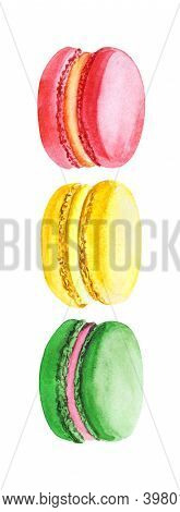 Watercolor Image Of Creative Traffic Lights Made Of Three Macaroons Of Red, Yellow And Green Colors.