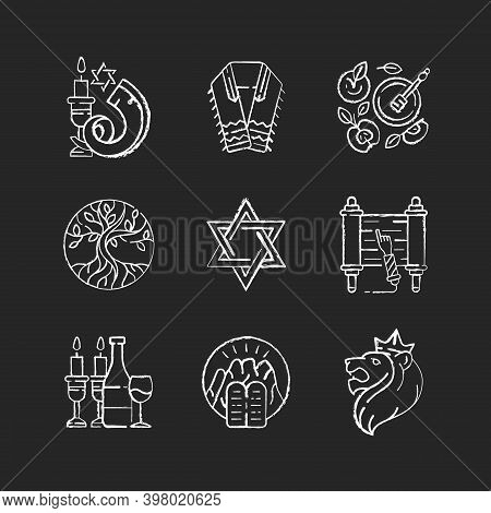 Judaism Symbols Chalk White Icons Set On Black Background. Shofar, Shophar. Jewish Prayer Shawl. App