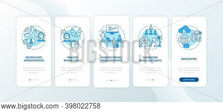 Manager Clerical Task Blue Onboarding Mobile App Page Screen With Concepts. Secretary Office Work Wa